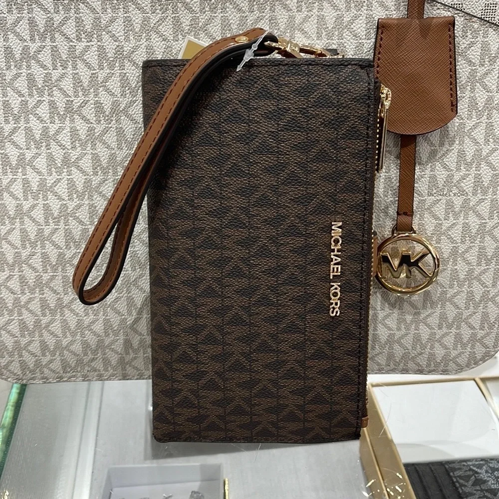 Michael Kors Jet Set Travel Large Double-Zip Wristlet-Wallet-PhoneHolder Brown